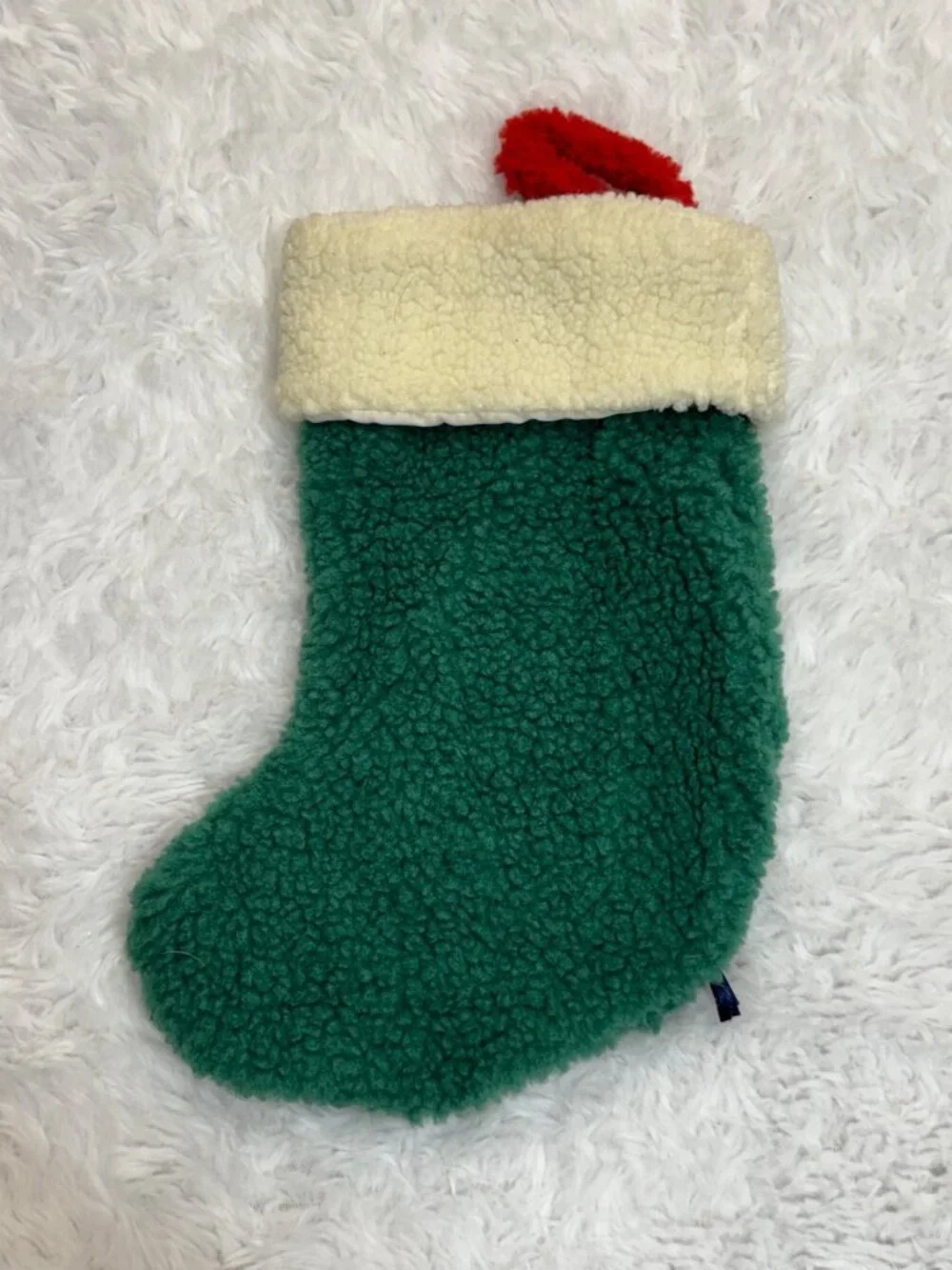 Vintage Cat Christmas Stocking Red Bow Ornament Green Sherpa Fleece Decor Retro - Picture 3 of 5